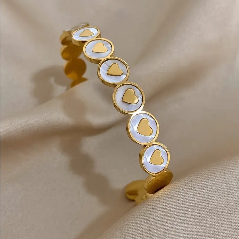 Stainless Steel Cuff Bangle with Inlaid Love Hearts